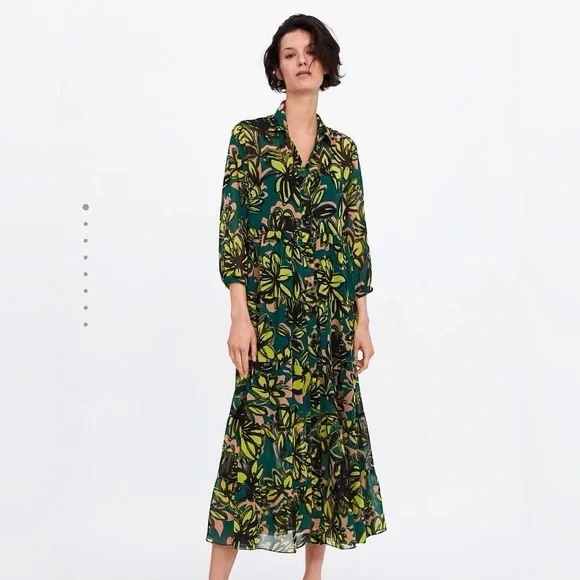 Zara Dresses Zara Green And Black Floral Long Sleeve Dress